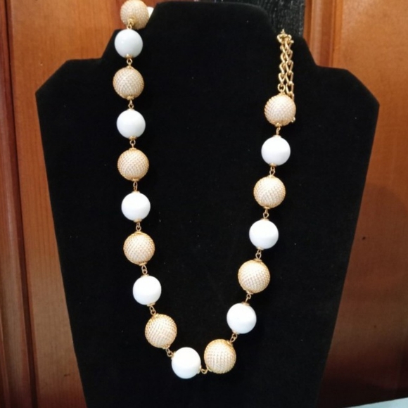 jcpenney Jewelry - VTG 80s TRIFARI Gold-Toned Caged Chunky White Lucite Bead Necklace Adj. 27-33" L
